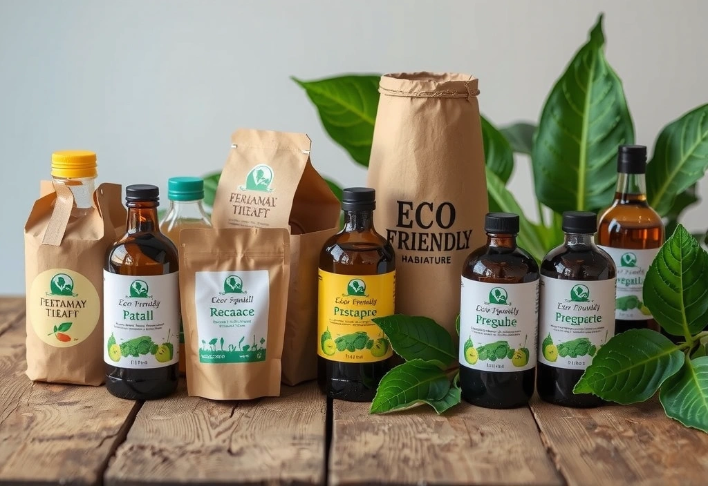 Ambalaje de produse ecologice pe o masă de lemn, cu frunze verzi în fundal.