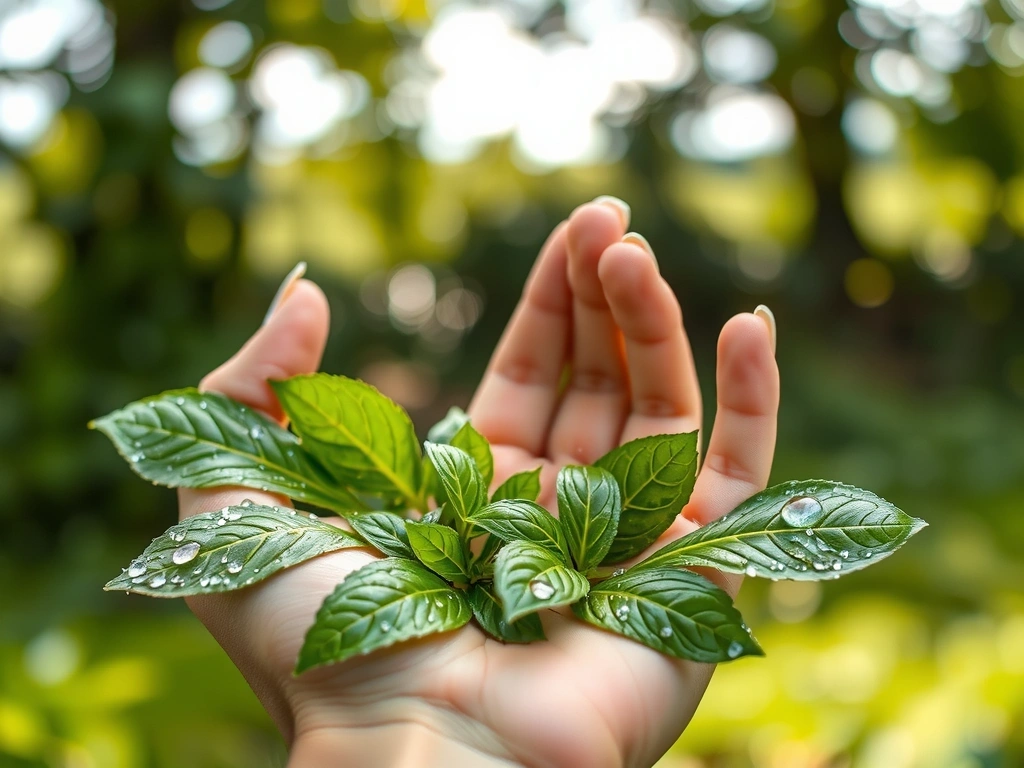Mână care ține plante proaspete, simbolizând natura și puritatea ingredientelor Naturavitalc.